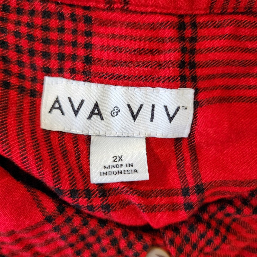 Ava & Viv Shirt Women's Plus 2x Red Plaid Long Sleeve Button Up Pockets - Picture 3 of 8